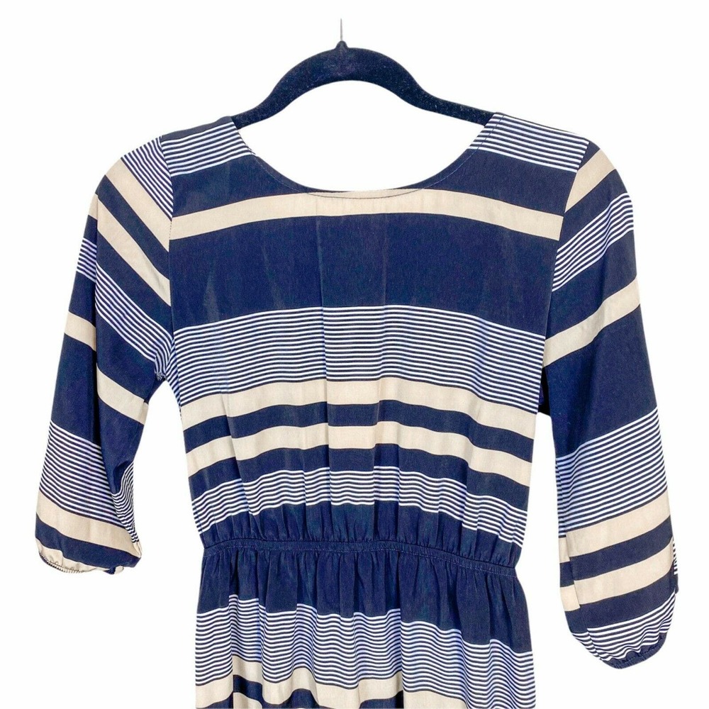 Anthropologie Needle & Thread Dress Blue Long Sleeve Gold Stripes - Picture 6 of 12